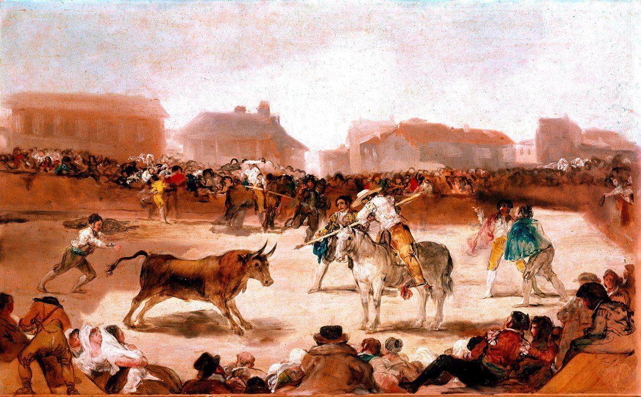 圣费尔南多学院的社会主题：“村庄中的 Corrida””弗朗西斯科·戈雅·卢森特斯 (Francisco Goya y Lucientes) 的绘画 (1746-1828) 1812-1814 暗淡。 45x72 厘米马德里，圣费尔南多学院 作者 弗朗西斯科·德·戈雅