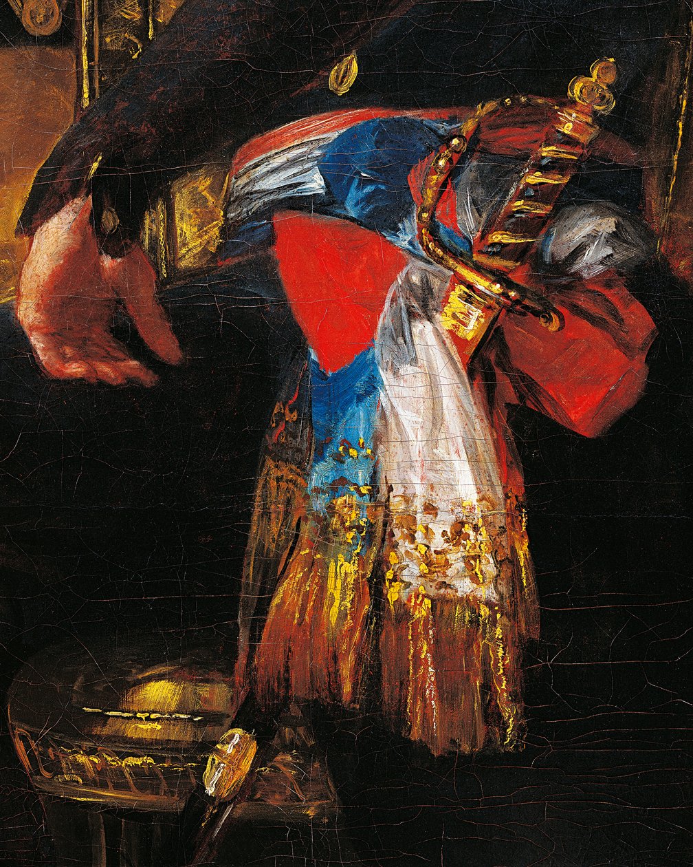 剑和腰带，弗朗西斯科-德-戈雅（1746-1828）为1798年至1800年法国驻西班牙大使费迪南-吉勒马代画像的细节，布面油画。 作者 弗朗西斯科·何塞·德·戈雅 y Lucientes