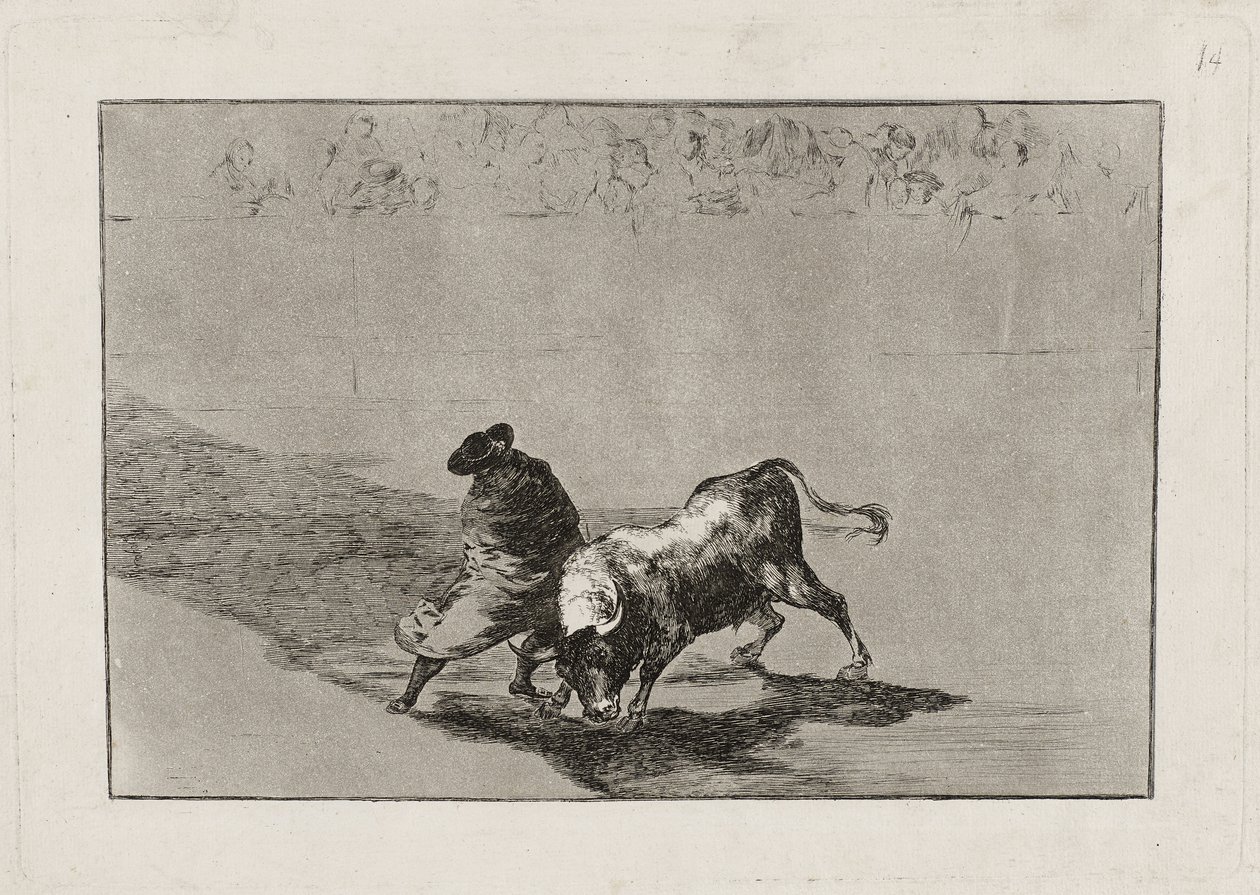 聪明的“ Falces学生”（Student of Falces）通过裹在他的斗篷（图板14）中来回走动，激怒了公牛。 作者 弗朗西斯科·德·戈雅