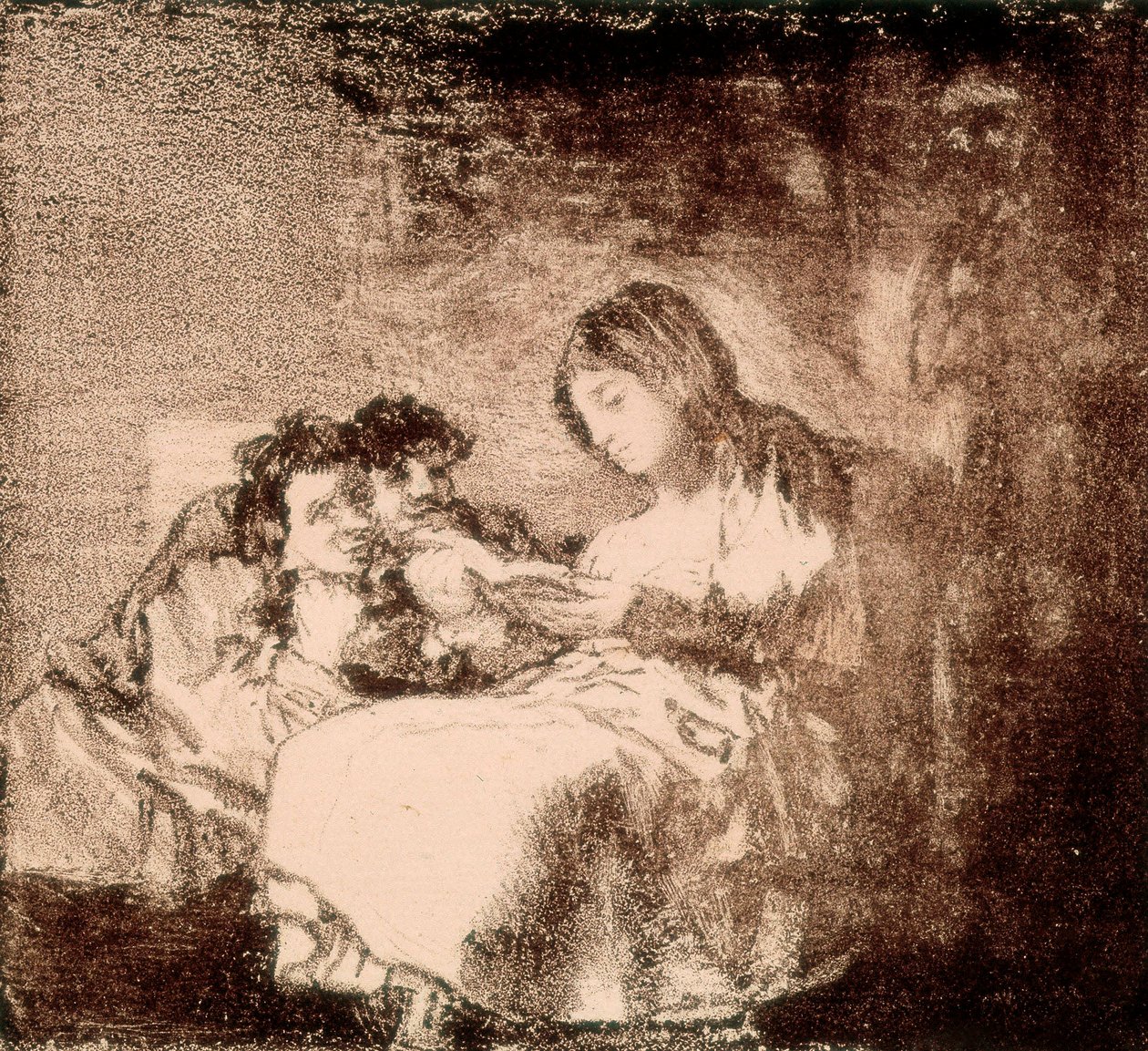弗朗西斯科-德-戈雅-卢森特斯（1746-1828 年）的石版画 "一个女人在给两个孩子讲故事"。1819-1822.马德里。国家图书馆 作者 弗朗西斯科·何塞·德·戈雅 y Lucientes