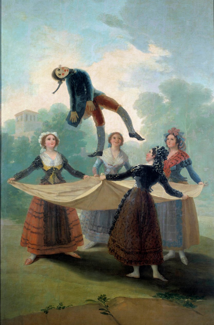 年轻妇女木偶用布将布娃娃抛向空中。 弗朗西斯科·德·戈雅 (Francisco de Goya) (1746-1828) 的画作，1792 年，太阳。 1,6x2,67 m 马德里，普拉多博物馆 - 木偶。 年轻女孩吐出一个布娃娃与床单。 弗朗西斯科·德·戈雅（Francisco de Goya，1746-1828 年）的绘画 作者 弗朗西斯科·德·戈雅
