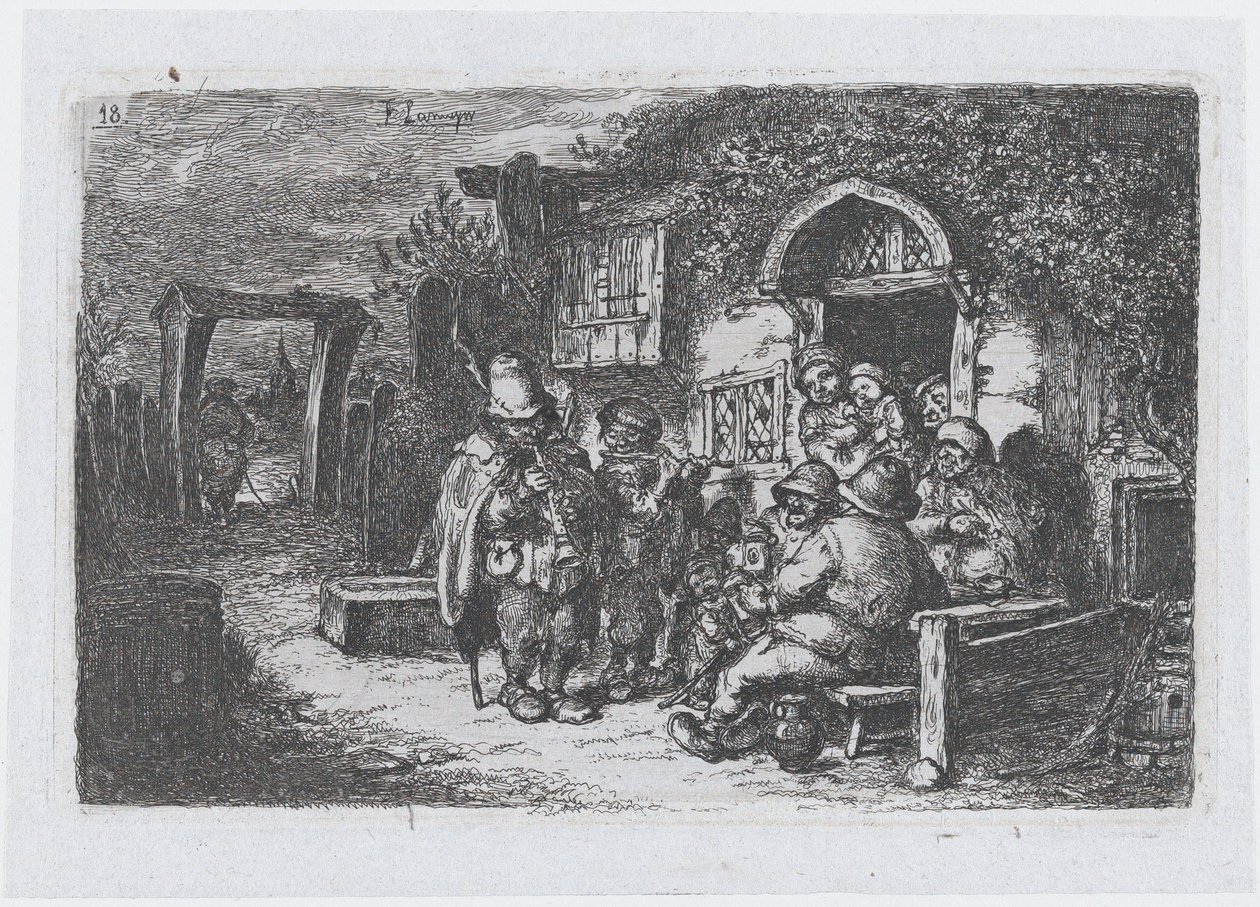 图版18：酒馆外的街头音乐家和其他人物，来自《风俗系列》，1850年。 作者 弗朗西斯科·拉迈耶·贝伦格