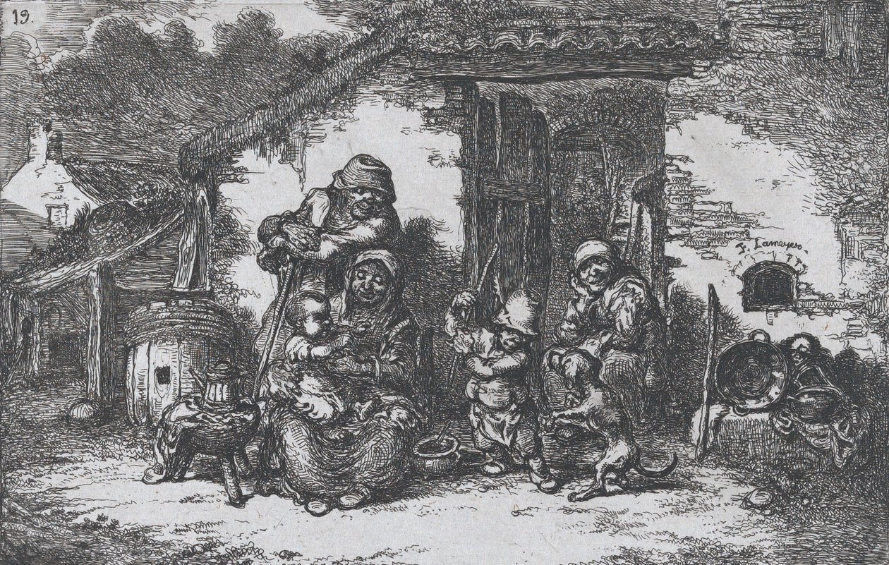 图版19：一个家庭和一个男孩在屋外与狗玩耍，出自《习俗》系列，1850年。 作者 弗朗西斯科·拉迈耶·贝伦格