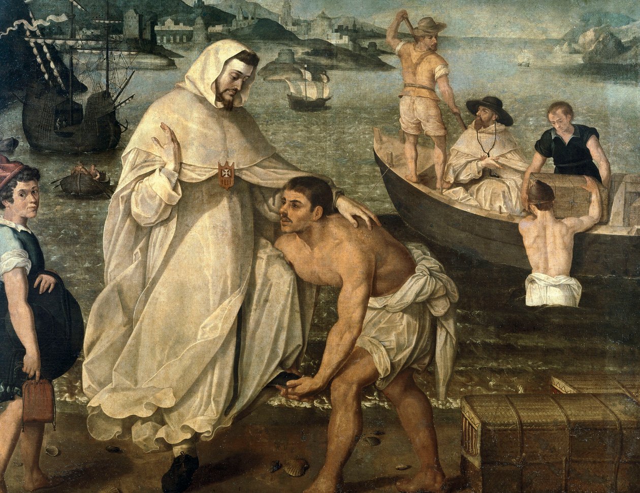 Saint Peter Nolasque (1189-1256) embarks to free Christian captives held hostage by Moorish pirates to be sold as slaves in Africa (painting) 作者 弗朗西斯科·帕切科