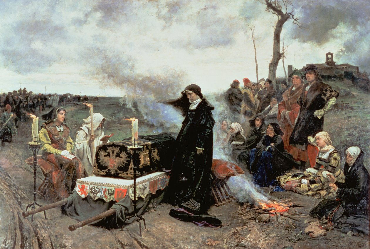 Joanna the Mad（1479-1555）陪伴菲利普的棺材（1478-1506）到格拉纳达的Cartuja de Miraflores，1877年 作者 弗朗西斯科·普拉迪拉·奥尔蒂斯