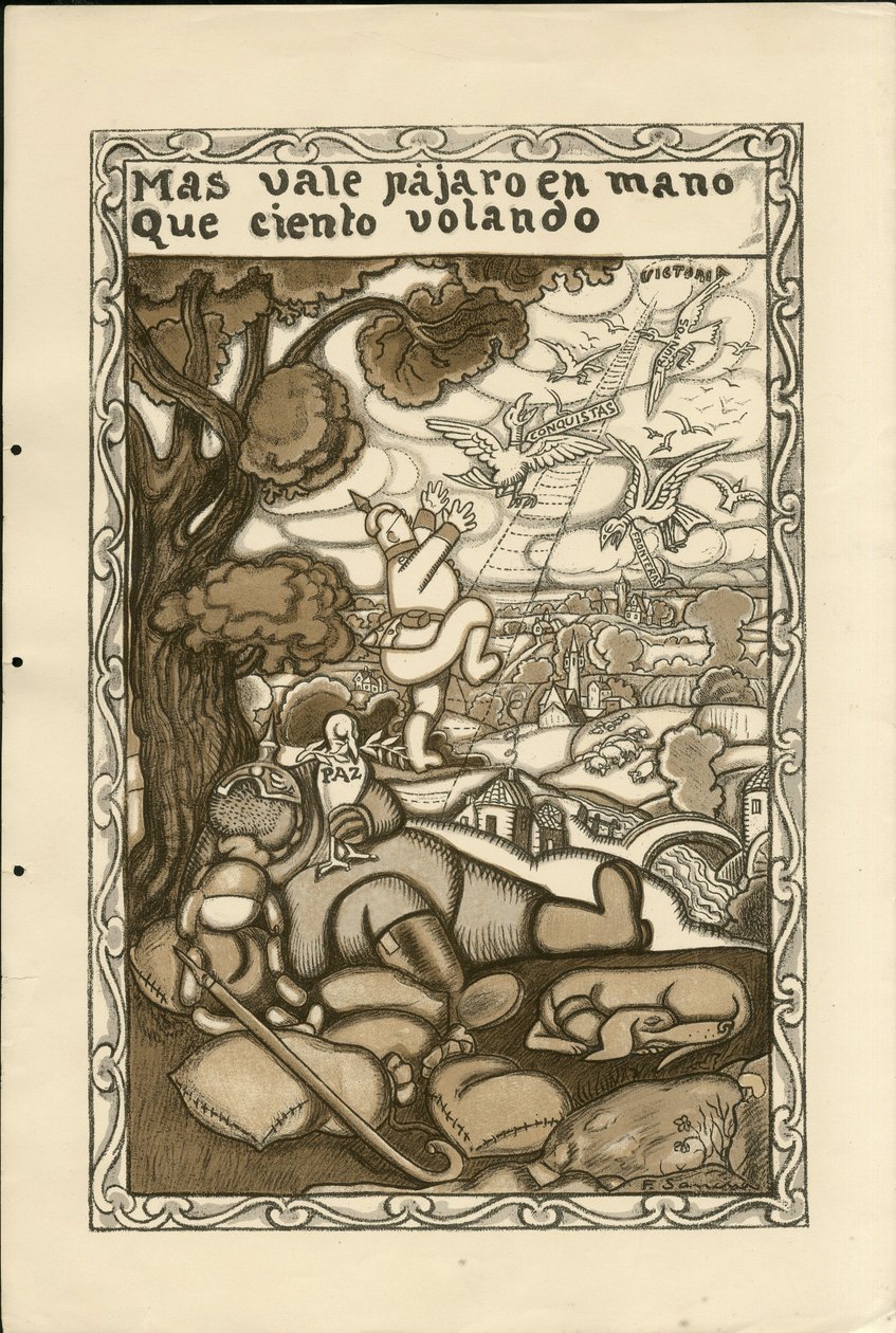 弗朗西斯科-桑查-伦戈（1874-1936）的插图--飞叶，约1915年--Mas vale pajaro en mano que ciento volando--14-18年战争，德国普鲁士，交战方和象征，胜利，和平，西班牙语，外国新闻。 作者 Francisco Sancha y Lengo