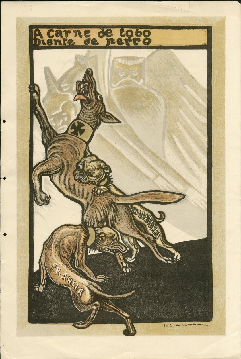 弗朗西斯科-桑查-伦戈（1874-1936）的插图--飞叶，约1915年--A carne de lobo diente de perro--14-18年战争，德国普鲁士，英国大不列颠，交战方和象征，法国，西班牙语，外国媒体--威廉二世，狗，藏匿 作者 Francisco Sancha y Lengo
