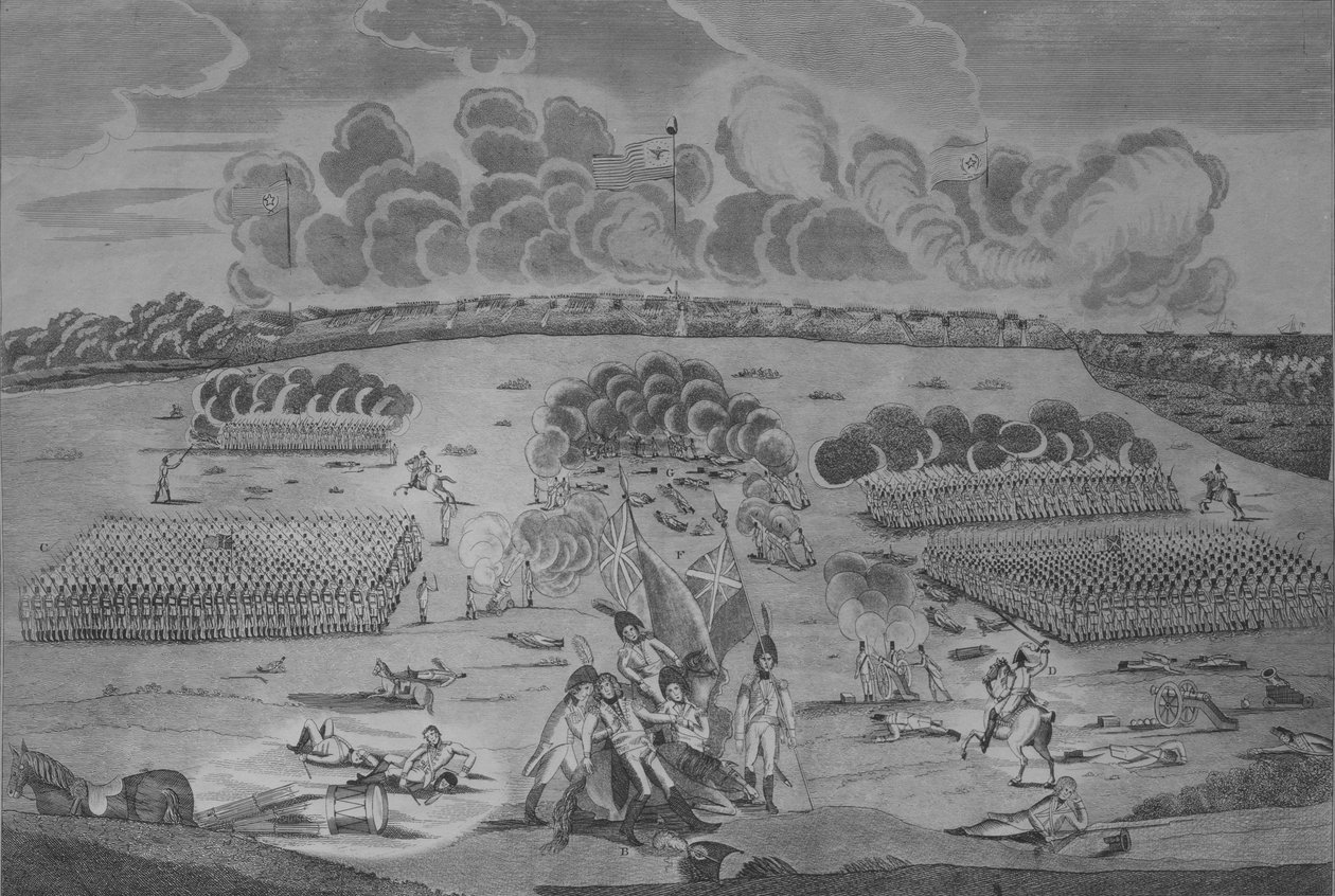 1815年1月8日新奥尔良市附近战役的正确VIew，约1816年。 作者 弗朗西斯科·斯卡奇（Francisco Scacki）