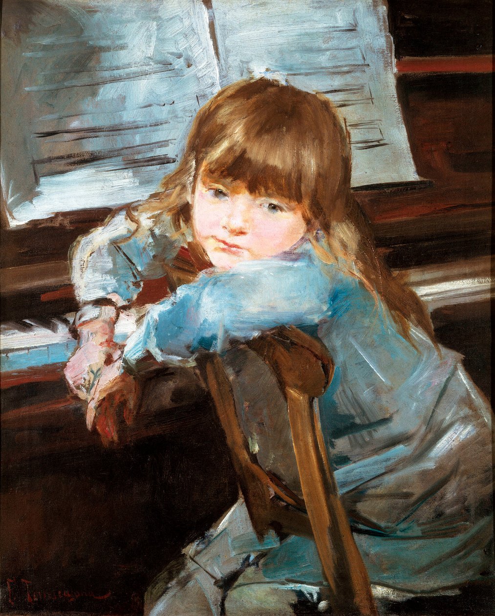 Nina ante el piano (Nina in the front of the piano).Francesc Torrescassana（1845-1918）的画作 作者 弗朗西斯科·托雷斯卡萨纳（Francisco Torrescassana）