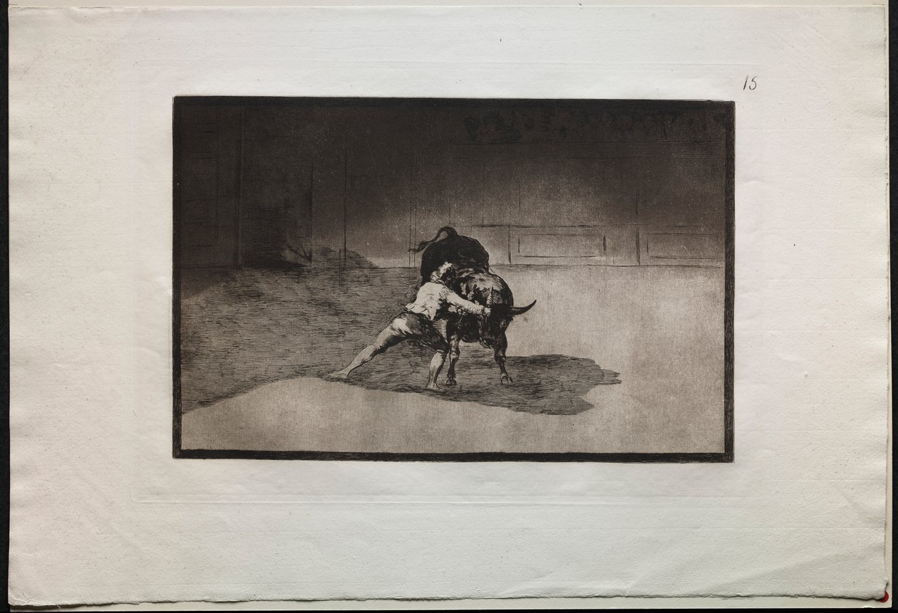 斗牛：著名的马丁乔（Martincho）将班德里亚人（Banderillas）随运动一起玩公牛...，1876年。 作者 弗朗西斯科·德·戈雅