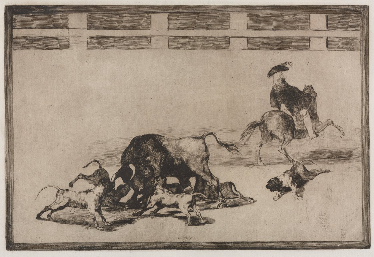 斗牛：1876年，他们在公牛上放了狗。 作者 弗朗西斯科·德·戈雅