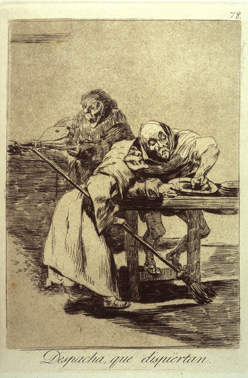 Despacha Que Dispiertan快点，他们醒了，来自Los Caprichos的78号盘子，1799年 作者 弗朗西斯科·德·戈雅