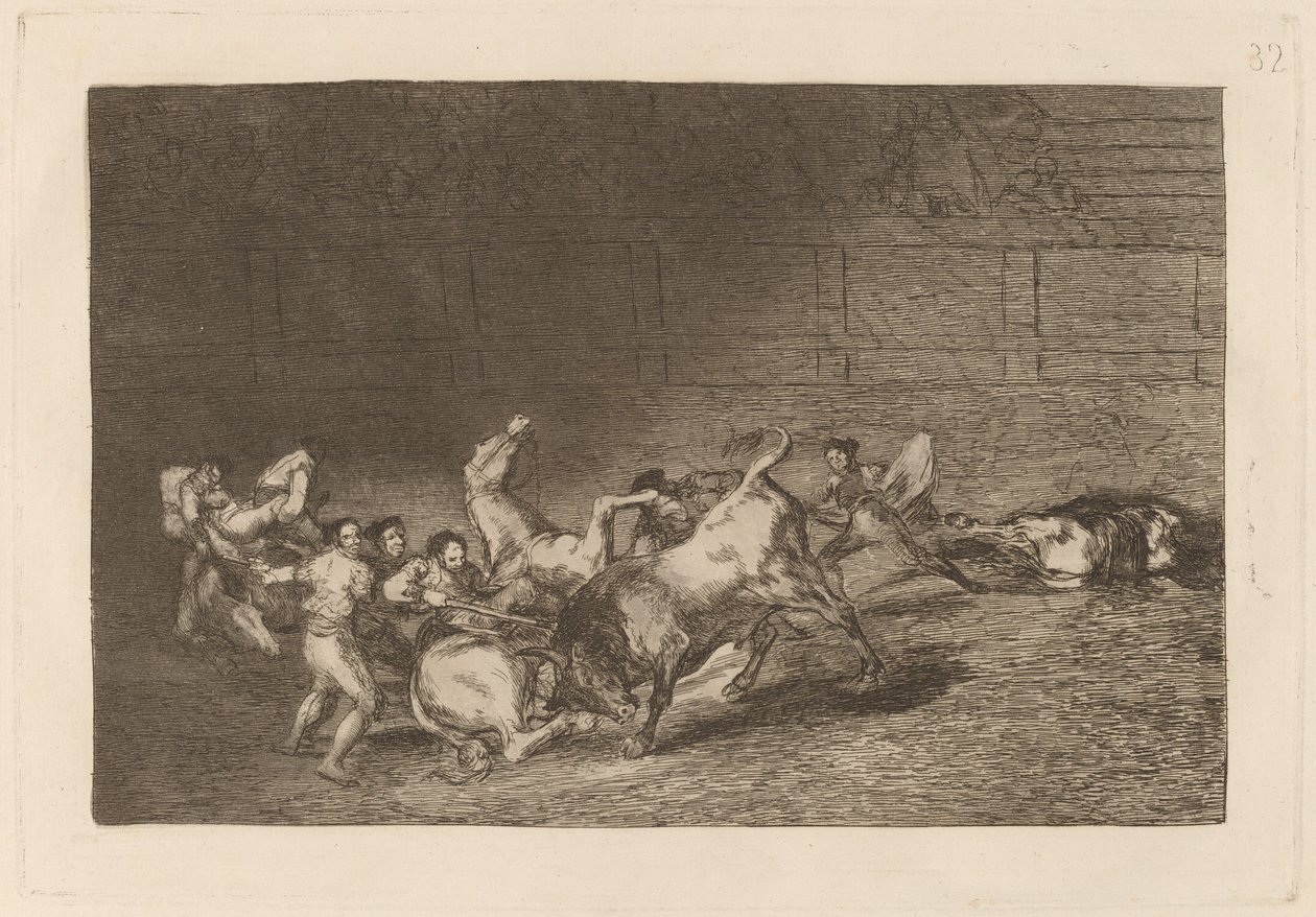 两队皮卡铎被一头公牛一前一后抛出 (Two Teams of Picadors Thrown One after Other by a Single Bull) 作者 弗朗西斯科·德·戈雅