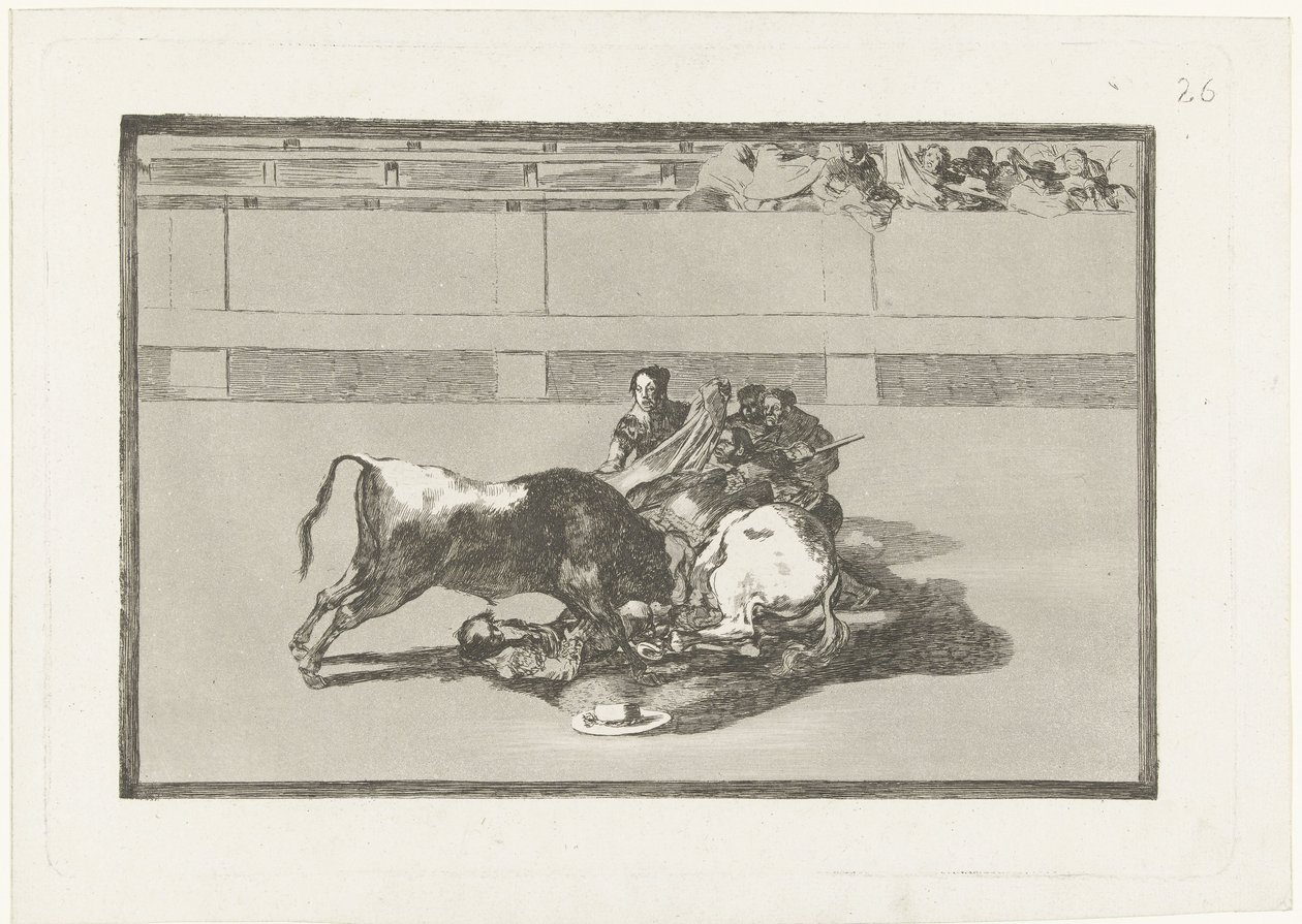 皮卡多被撞下马，躺在公牛身下
Caida de un picador de su caballo debajo del toro
La Tauromaquia（系列名称）
斗牛（系列名称） 作者 弗朗西斯科·德·戈雅