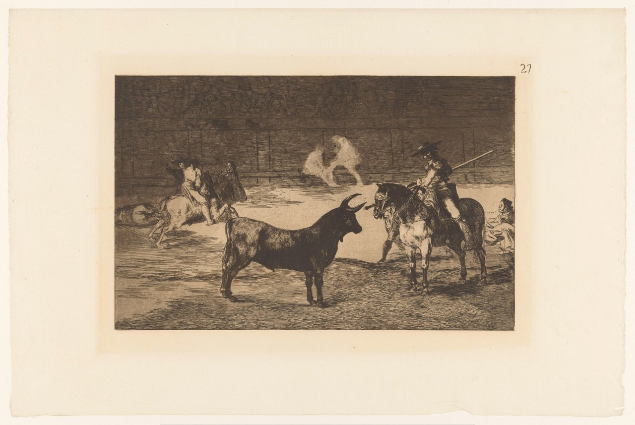 费尔南多-德尔-托罗（Fernando del Toro daagt een stier uit
大名鼎鼎的费尔南多-德尔-托罗（Fernando del Toro），用他的竿子（garrocha）逼迫野兽
Stierengevechten （系列名称）
La Taureaumachie（系列名称）
La Tauromaquia（系列名称） 作者 弗朗西斯科·德·戈雅