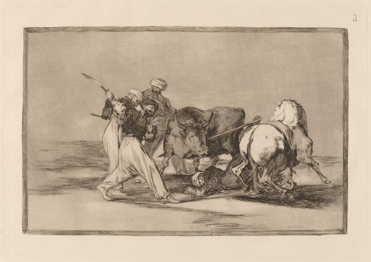 The Moors Settled in Spain, Giving up the Superstitions of the Koran, Adopted this Art of Hunting, and Spear a Bull in the Field (摩尔人在西班牙定居，放弃了《可兰经》的迷信，采用了这种狩猎艺术，并在田间用矛刺死了一头牛)。 作者 弗朗西斯科·德·戈雅