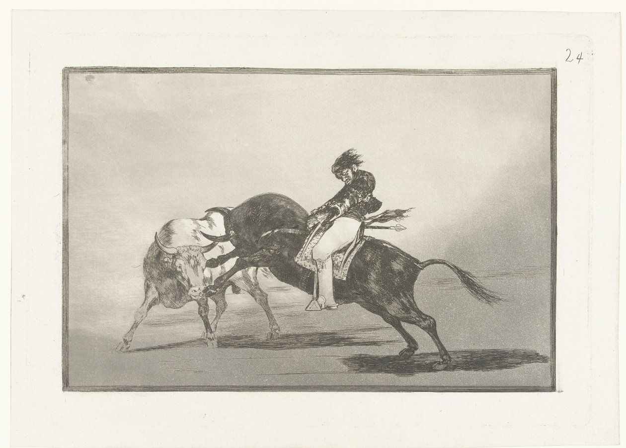 Mariano Ceballos rijdend op een stier
同样的塞瓦略斯在马德里斗牛场骑在另一头公牛身上
斗牛（系列标题）
斗牛（系列标题） 作者 弗朗西斯科·德·戈雅