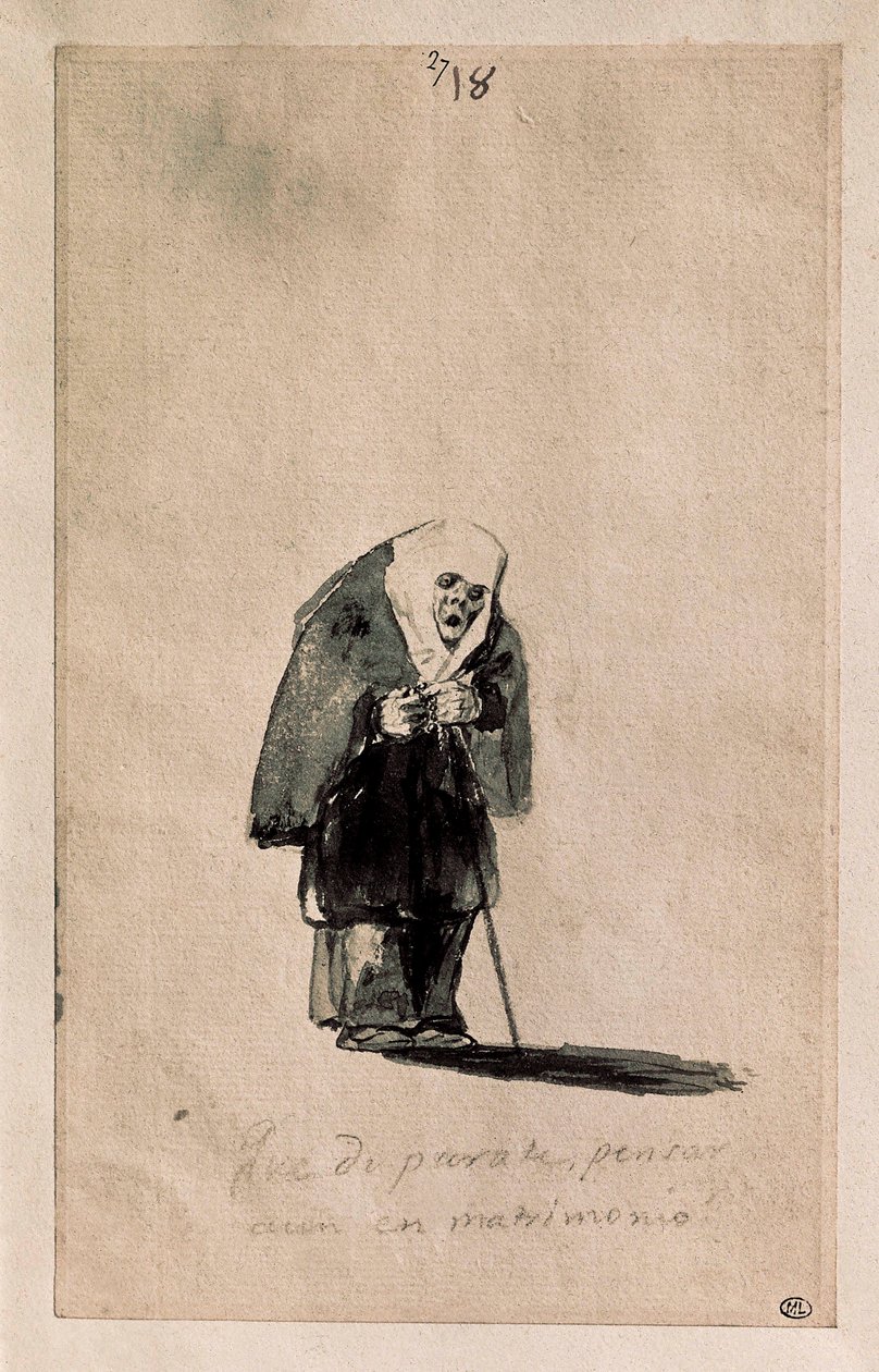 Que disparate, pensar aun en matrimonio (What nonsense, to still think of marriage), c. 1819-23 (Brush, Indian ink, preliminary drawing with black stone, on white laid paper) 作者 弗朗西斯科·德·戈雅