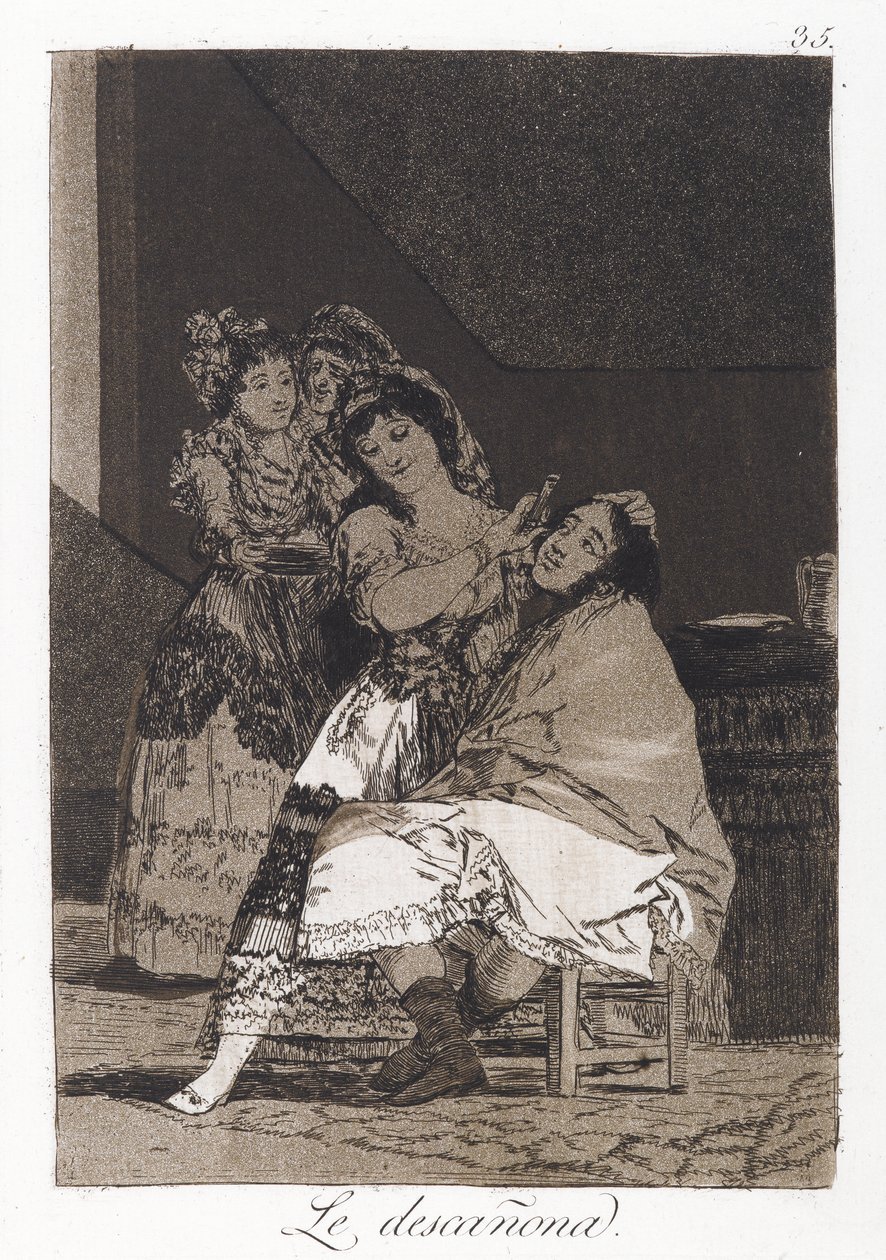 她抓住了他（Le descanona），洛杉矶卡普里科斯的第35号，c.1797-98（蚀刻和纸上的aquatint） 作者 弗朗西斯科·德·戈雅