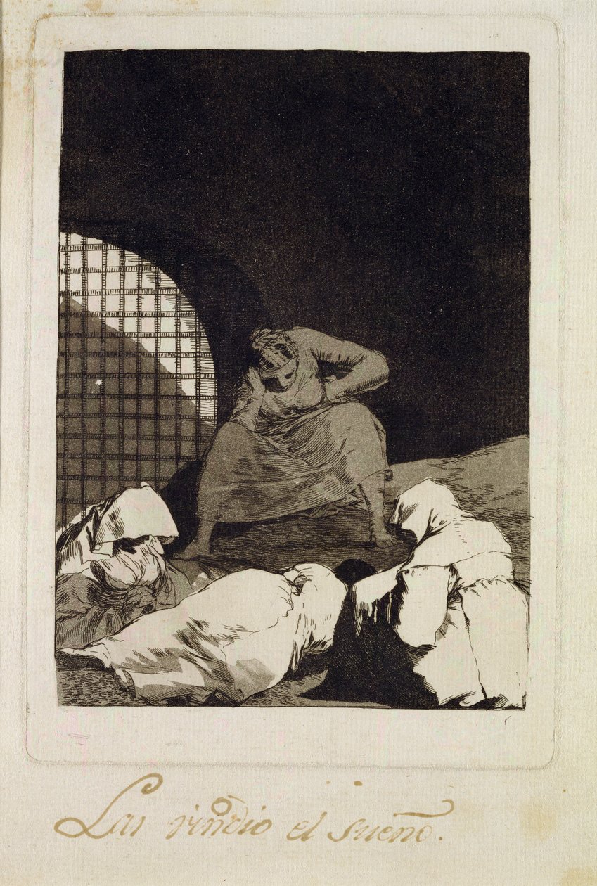 睡眠克服了它们，“洛杉矶帽子”中的34号，1799年（蚀刻） 作者 弗朗西斯科·德·戈雅