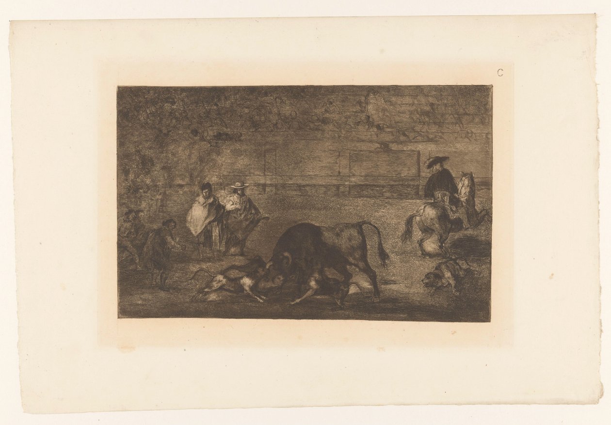 公牛被狗袭击
Les chiens lâchés sur le taureau (斗牛犬被咬)
斗牛（系列名称）
La Taureaumachie（系列名称）
La Tauromaquia（系列名称） 作者 弗朗西斯科·德·戈雅
