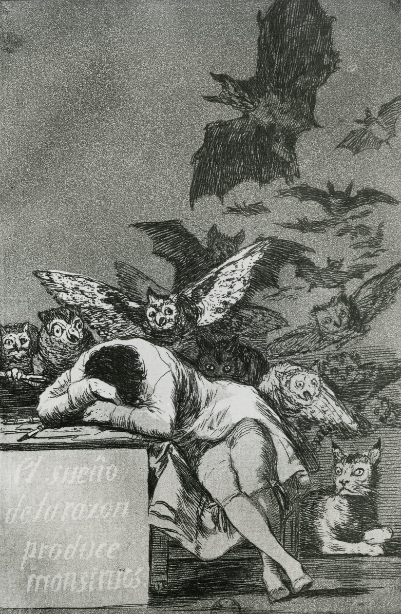 睡眠的理性产生怪物，来自&39;Los Caprichos&39;（雕刻）（bw照片）（另见81662） 作者 弗朗西斯科·德·戈雅