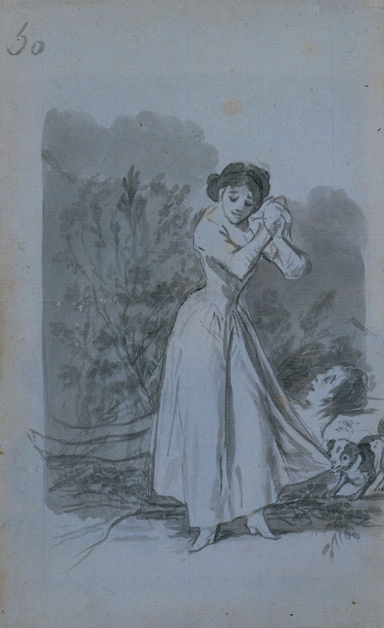 1796-97年，年轻女子拧她的手，勒芒裸露的身体。 作者 弗朗西斯科·德·戈雅