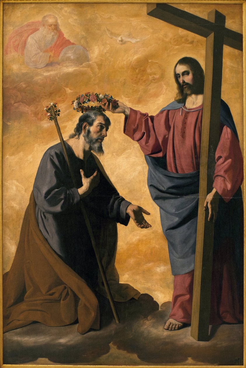 Christ crowing Saint Joseph. Painting by Francisco de Zurbaran (1598-1664), oil on canvas, circa 1640. Museum of Fine Arts of Sevillle, Spain. 作者 弗朗西斯科·德祖巴兰
