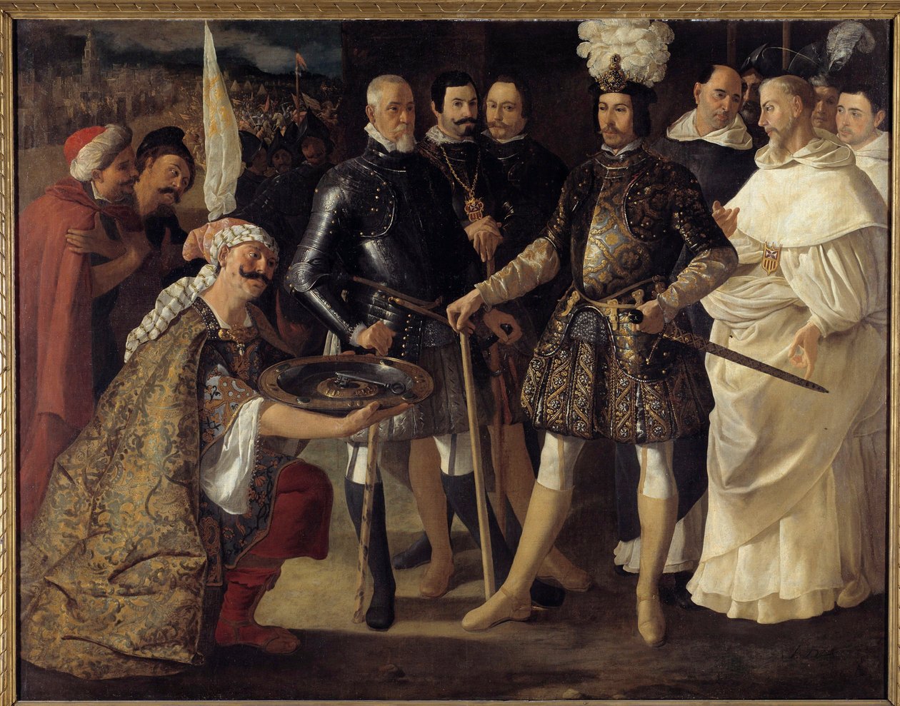 Reconquista：“在卡斯蒂利亚和莱昂国王费迪南德三世之前塞维利亚的投降”，摩尔人于 1248 年 12 月 22 日将城市的钥匙交给了卡斯蒂利亚国王。 弗朗西斯科·德·祖巴兰 (Francisco de Zurbaran) (1598-1664) 1634 年作画。 157.5x208.2 厘米私人收藏 作者 弗朗西斯科·德祖巴兰