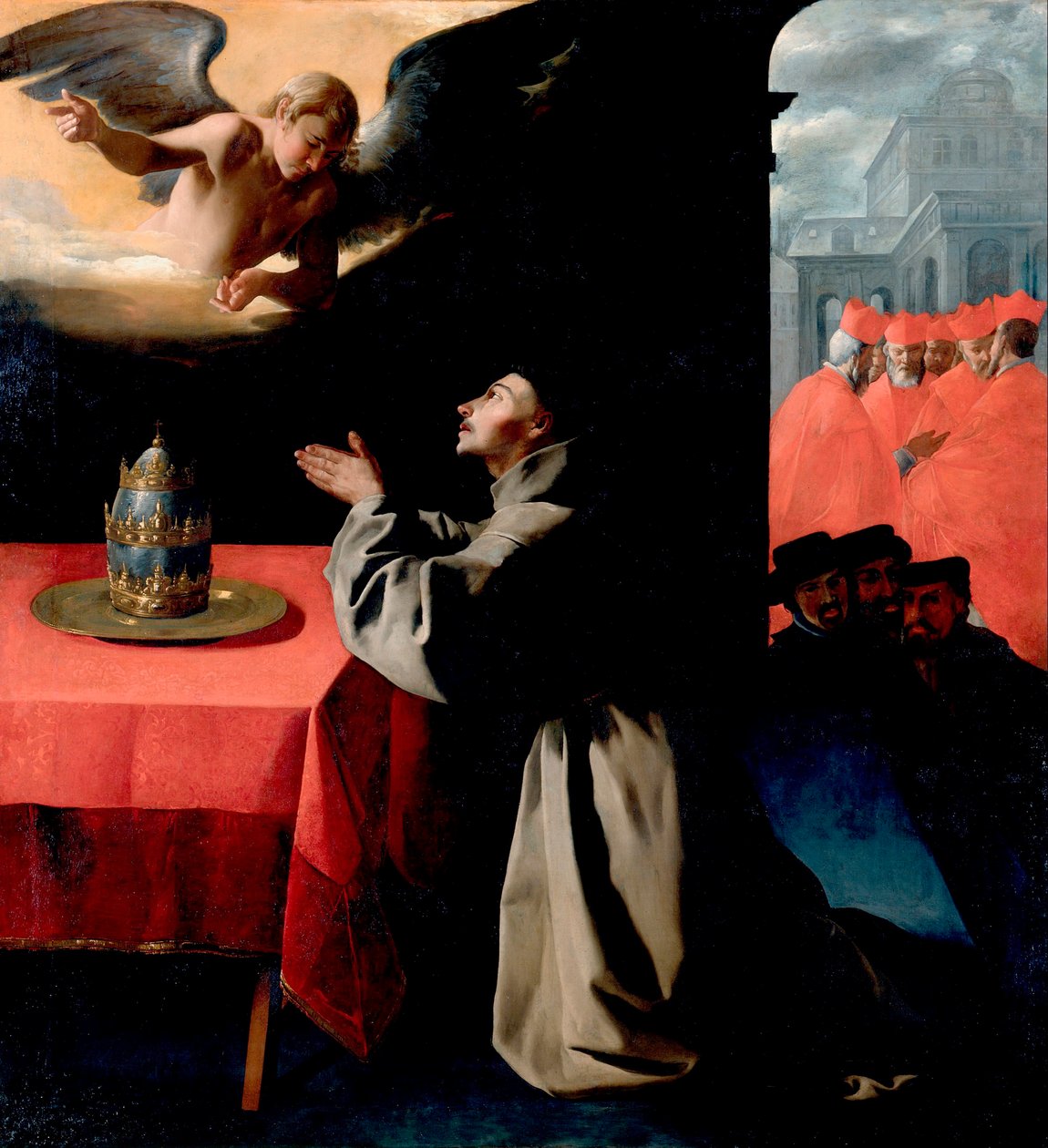 "圣文德（Giovanni di Fidanza，被称为天使医生，san Bonaventura）（1221-1274）在祈祷中" Francisco de Zurbaran（1598-1664）的画作 1629 Dim 239x222 cm Gemaldegallerie, Dresden 德国 作者 弗朗西斯科·德祖巴兰