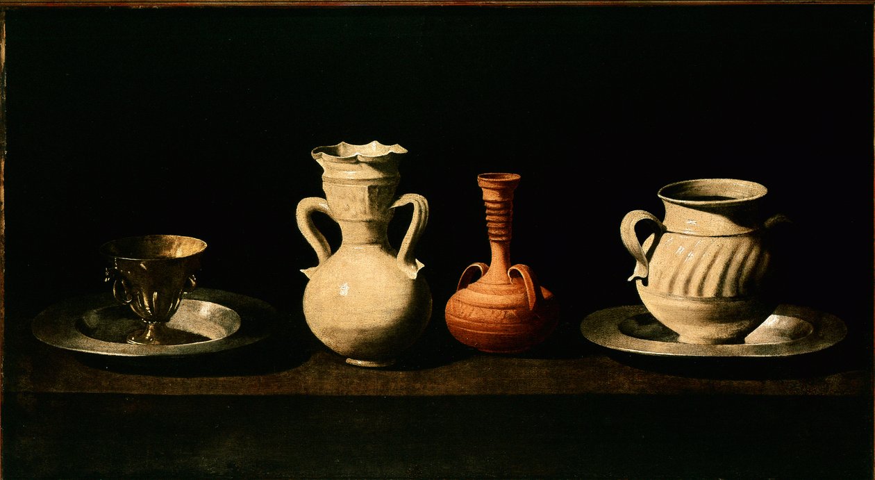 静物 壶，罐子。弗朗西斯科-德-祖尔巴兰（1598-1664）的画作，1633年，太阳。46x84厘米 马德里，普拉多博物馆 作者 弗朗西斯科·德祖巴兰
