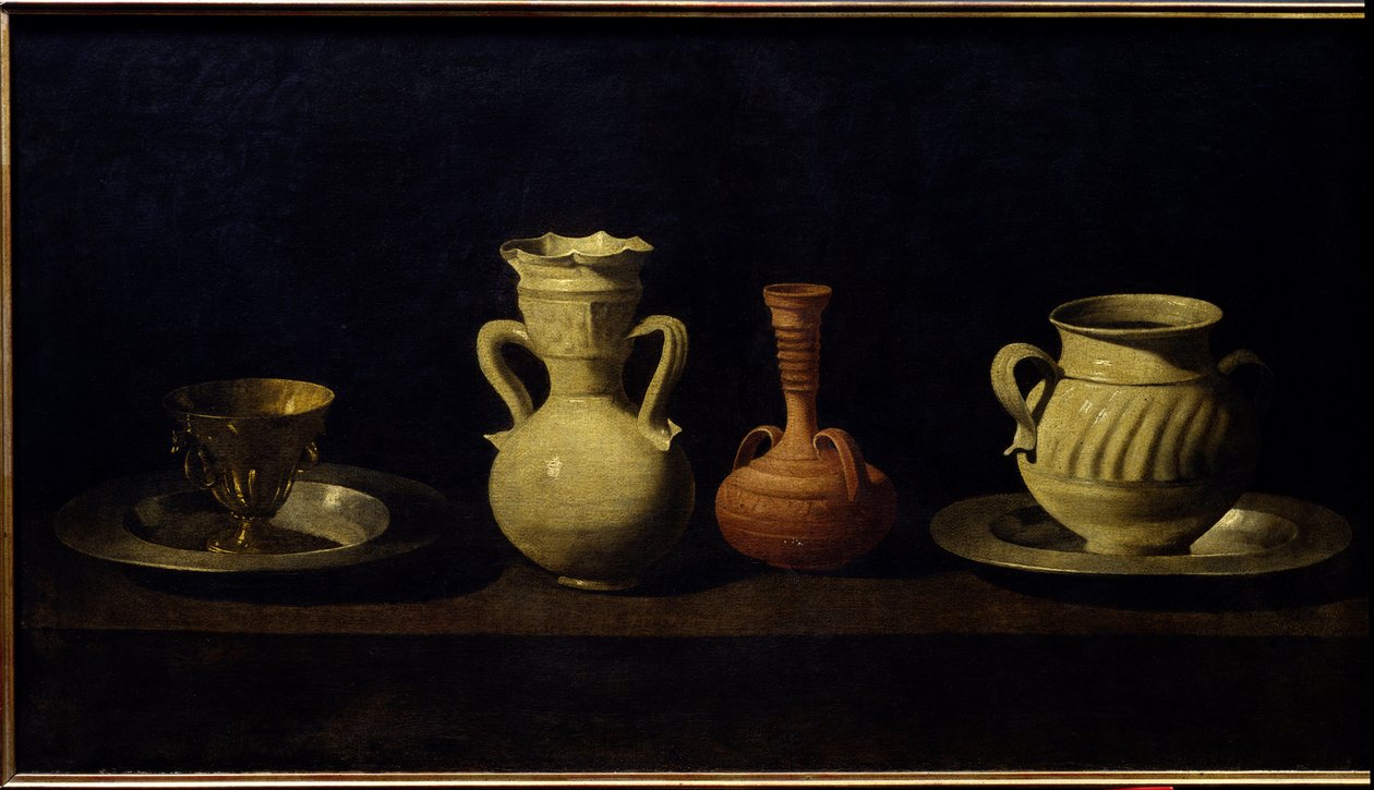 静物、杯子和花瓶。 弗朗西斯科·德·祖巴兰 (Francisco de Zurbaran) 的绘画 (1598 - 1664) 作者 弗朗西斯科·德祖巴兰