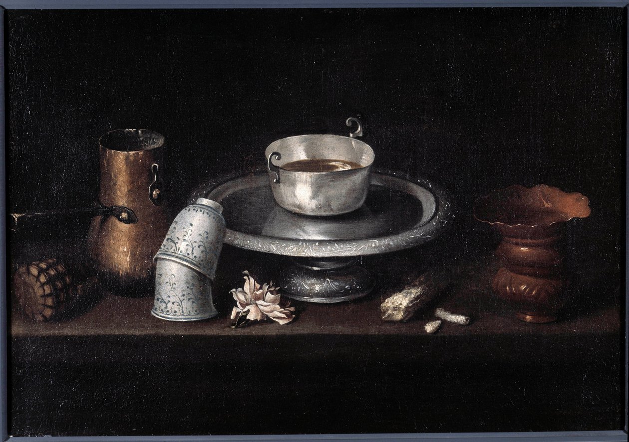 静物巧克力早餐巧克力杯，杯子。 弗朗西斯科·德·祖巴兰 (Francisco de Zurbaran) (1598-1664) 的绘画。 17 世纪贝桑松，美术博物馆 作者 弗朗西斯科·德祖巴兰