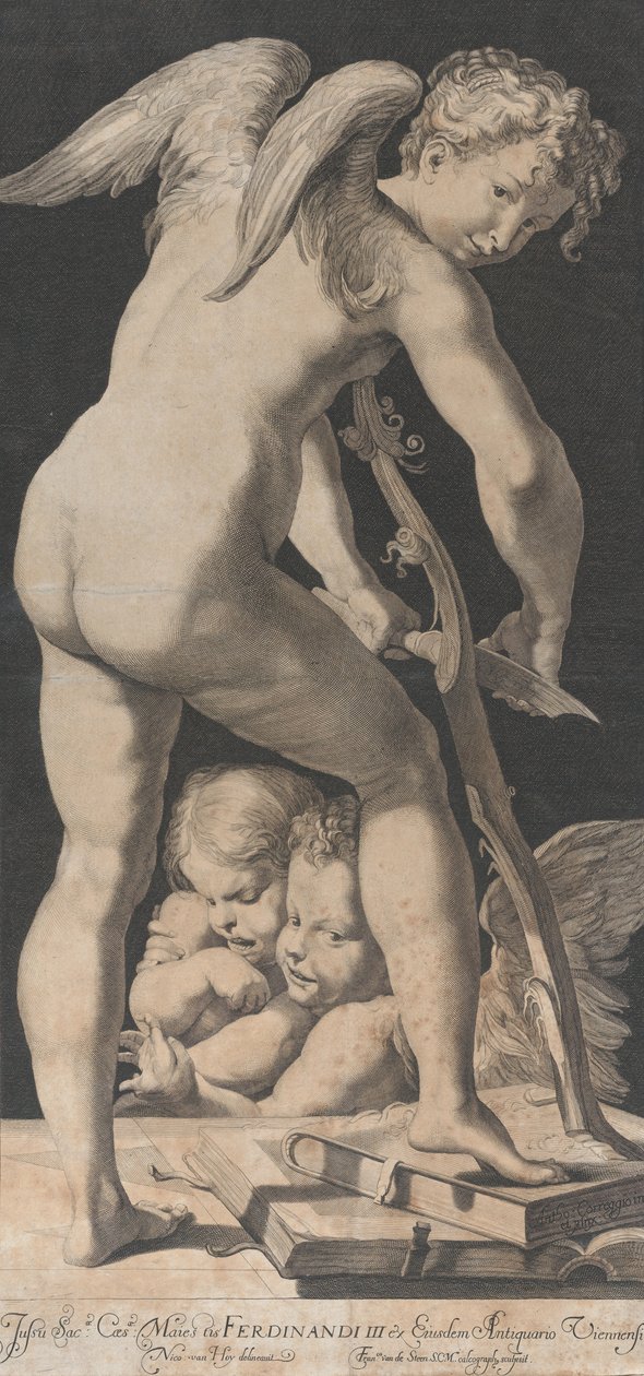 丘比特在磨他的弓，1645-72。 作者 弗朗西斯·范·德·斯汀