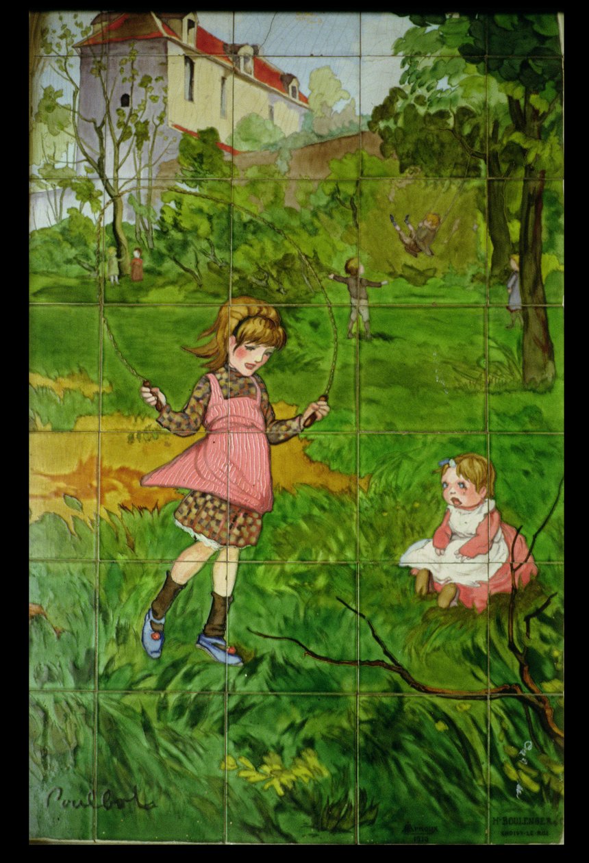 装饰有儿童在花园里玩耍的瓷砖（釉面陶瓷） 作者 弗朗西斯·波尔博特