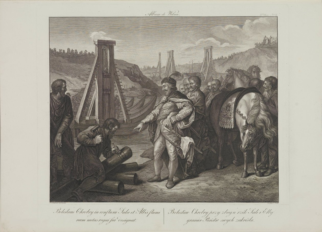 波兰的博列斯拉夫一世在易北河和萨勒河上插上边防杆，作者：Smuglewicz, Franciszek (1745-1807)。石版画，18 世纪晚期。私人收藏 作者 Franciszek Smuglewicz