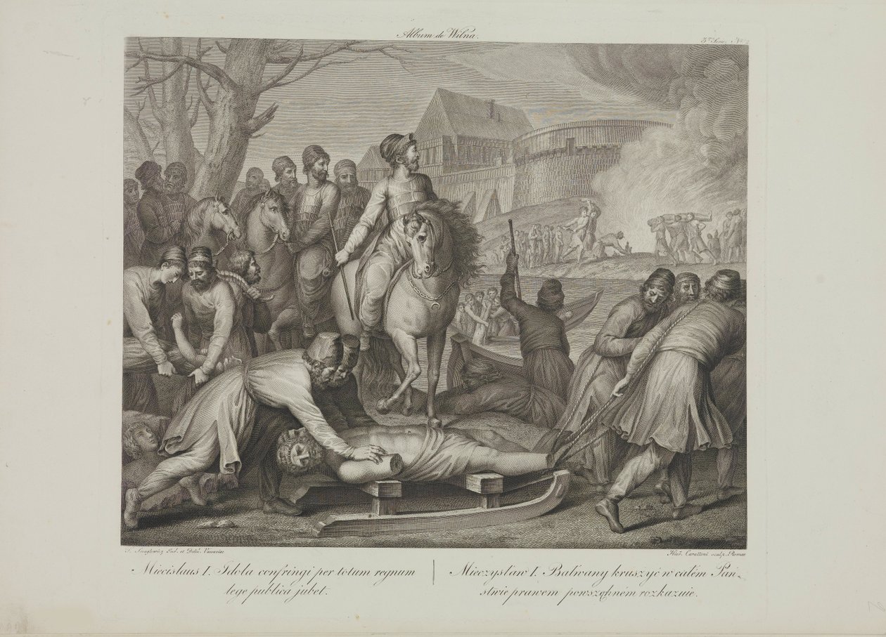 波兰米什科一世摧毁异教之神》，作者：Smuglewicz, Franciszek (1745-1807)。石版画，18 世纪晚期。私人收藏 作者 Franciszek Smuglewicz