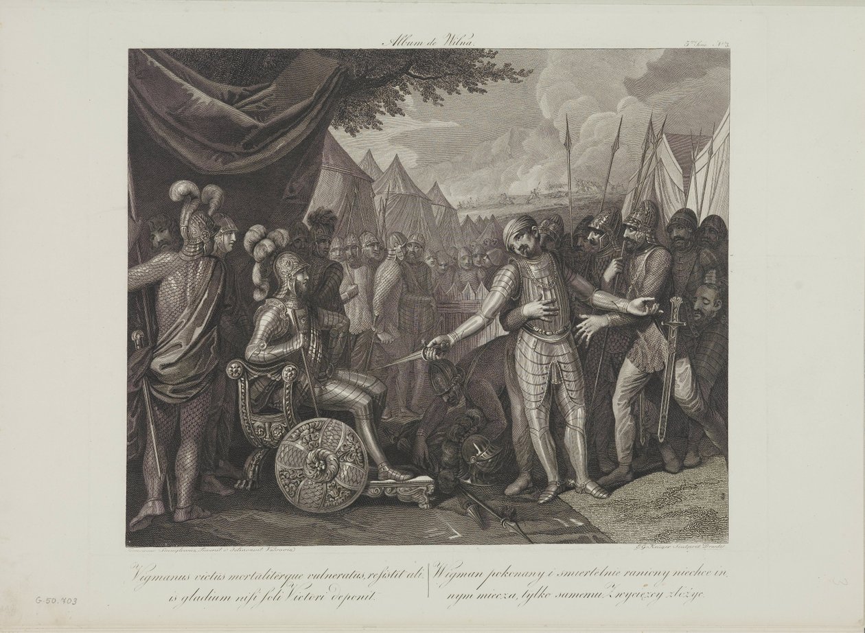 年轻的维赫曼二世向波兰的米什科一世投降，作者：Smuglewicz, Franciszek (1745-1807)。石版画，18 世纪晚期。私人收藏 作者 Franciszek Smuglewicz