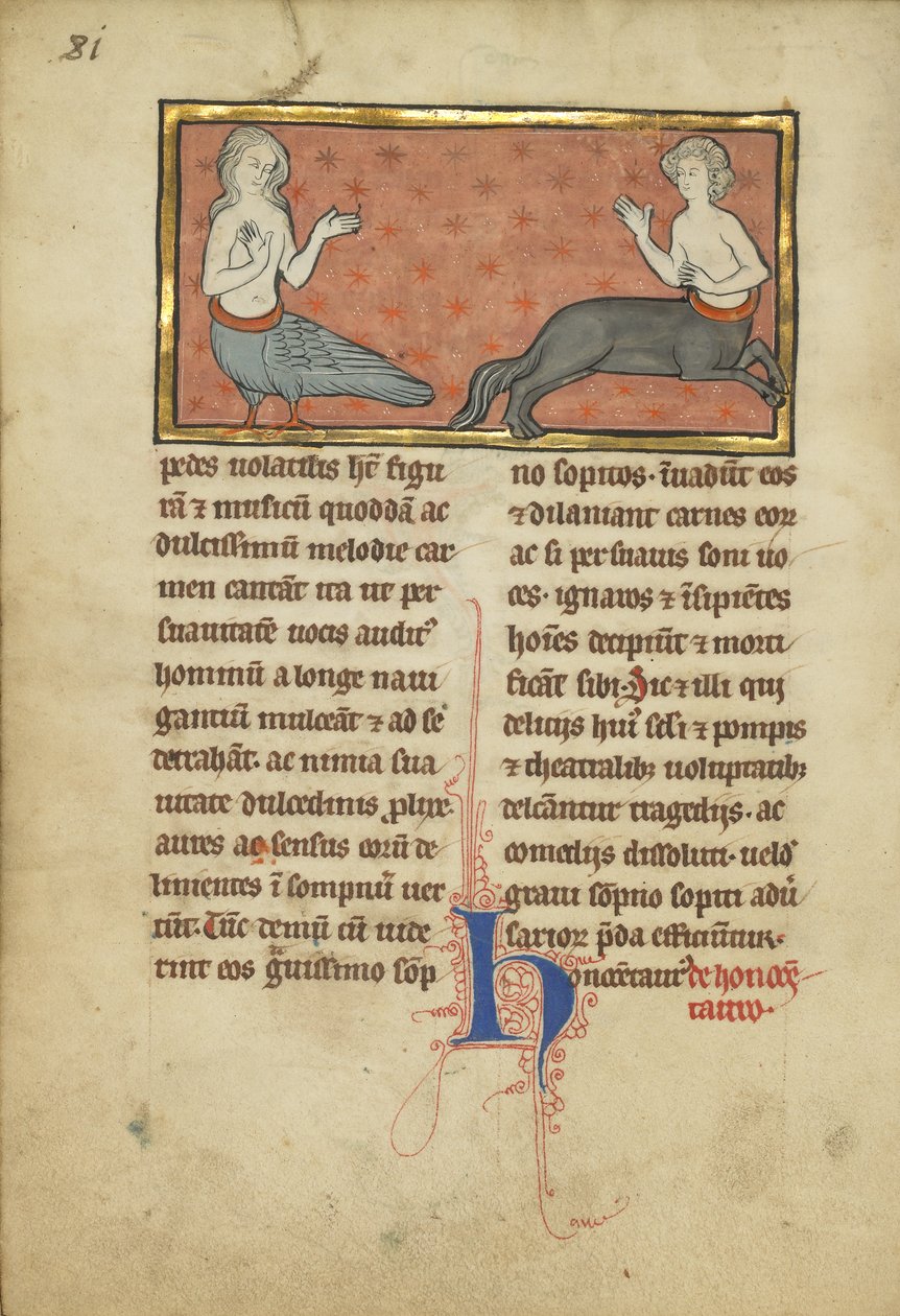 兽人路德维希十五世（Ludwig XV 4）的警笛和半人马座，如下。 81v，c.1280-1300（蛋彩画，笔和墨水，金箔和羊皮纸上的颜料） 作者 佛朗哥佛兰德学校