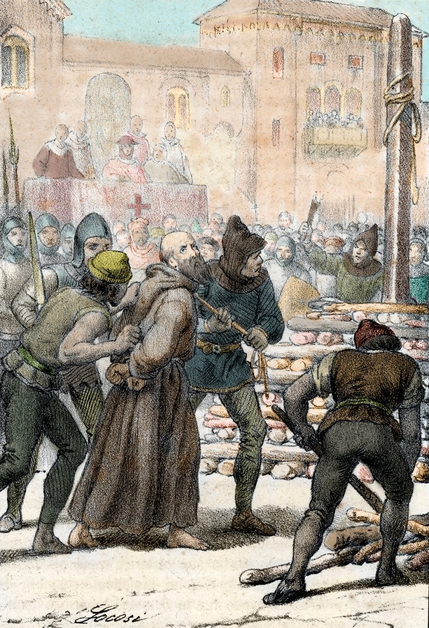 1155 年 6 月 18 日处决意大利宗教改革家阿纳尔多·达·布雷西亚 (Arnaud de Brescia) (1100-1155)（1155 年 6 月烧毁布雷西亚的意大利教规常客阿诺德 (Arnaldus)） 雕刻自佛朗哥·米斯特拉利 (Franco Mistrali) 的“Iisteri del Vaticano” 1861 小学 作者 佛朗哥·米斯特拉利