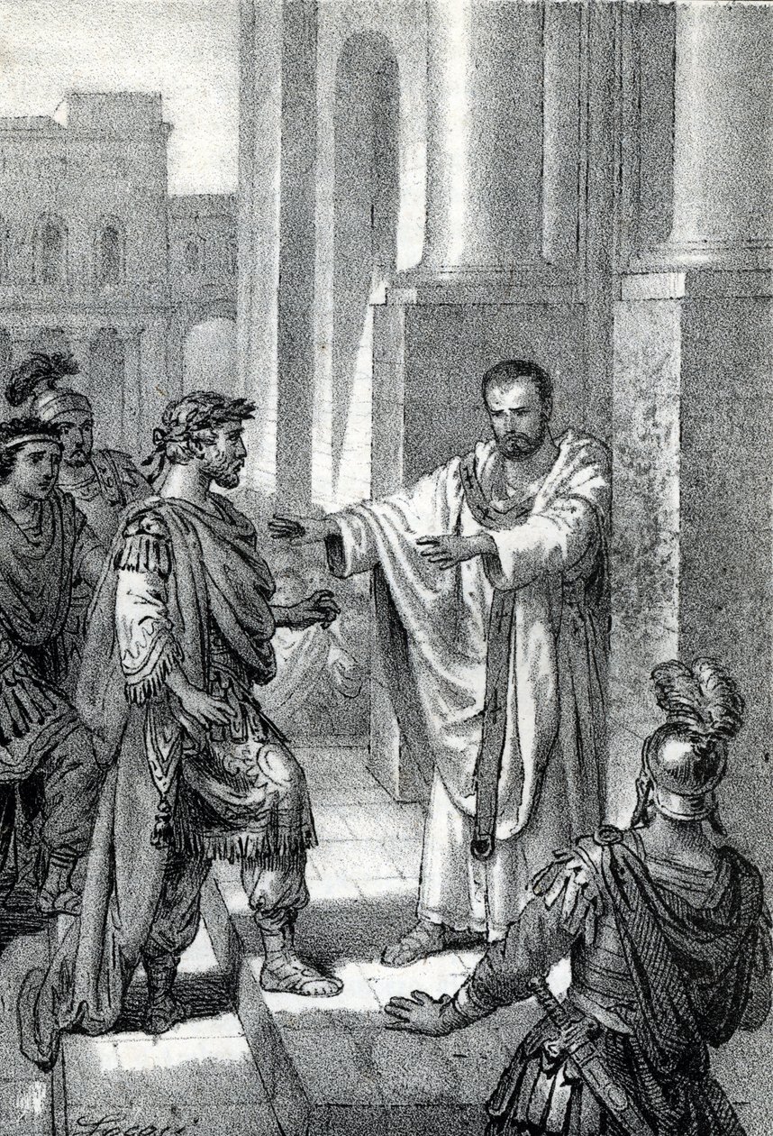 米兰大主教圣安布罗斯（Aurelius Ambrosius，Ambrogio di Milano，340-397 年）禁止罗马皇帝狄奥多西一世（Flavius Theodosius，347-395 年）进入教堂，以惩罚他在 390 年对帖撒罗尼迦的屠杀--Excommunicati。 作者 佛朗哥·米斯特拉利