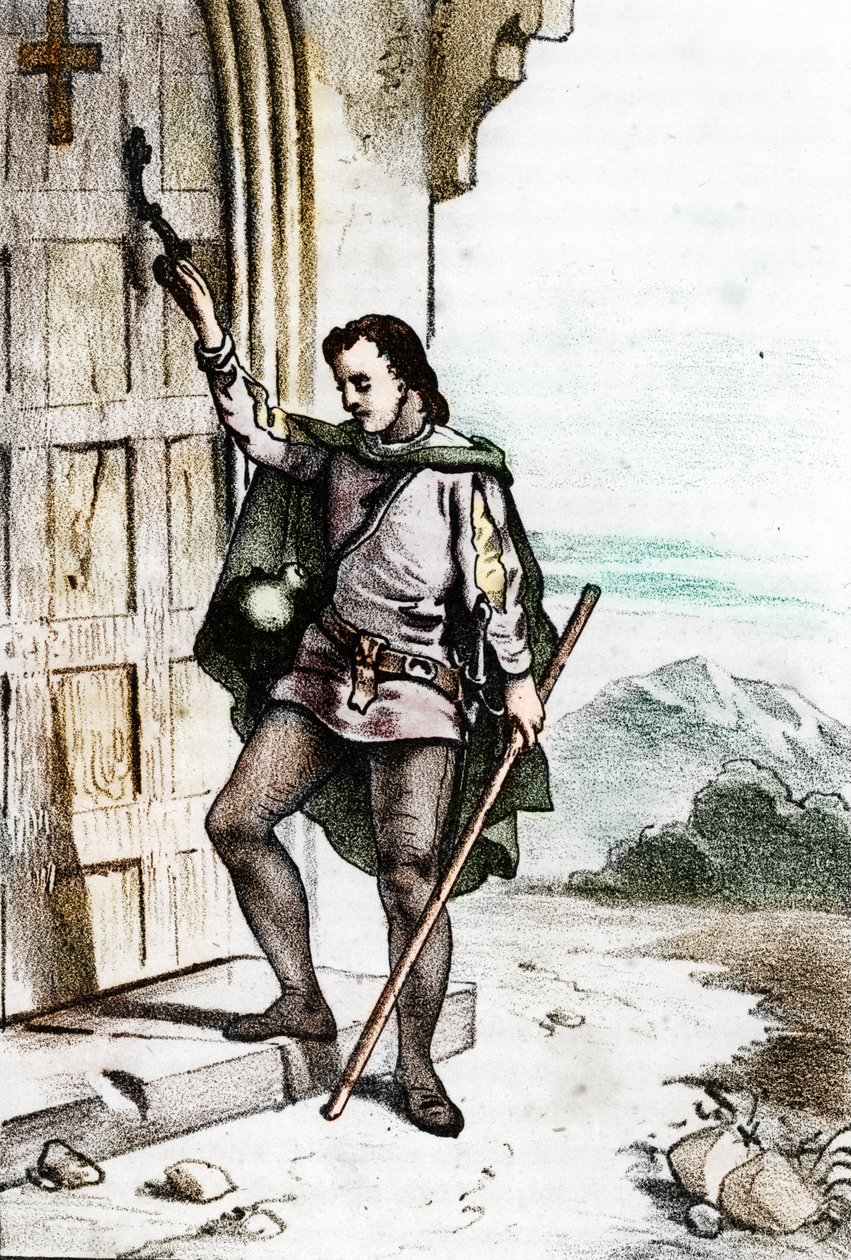 1475 年，年轻的杰罗姆·萨沃纳罗拉 (Girolamo Savonarola) (1452-1498) 敲响了博洛尼亚圣多梅尼科多米尼加修道院的门 修道士 作者 佛朗哥·米斯特拉利