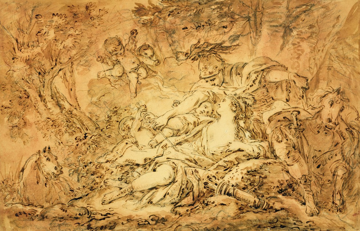 Rinaldo和Armida（笔和棕色墨水，棕色和粉红色洗在纸上的黑色粉笔） 作者 弗朗索瓦·布歇