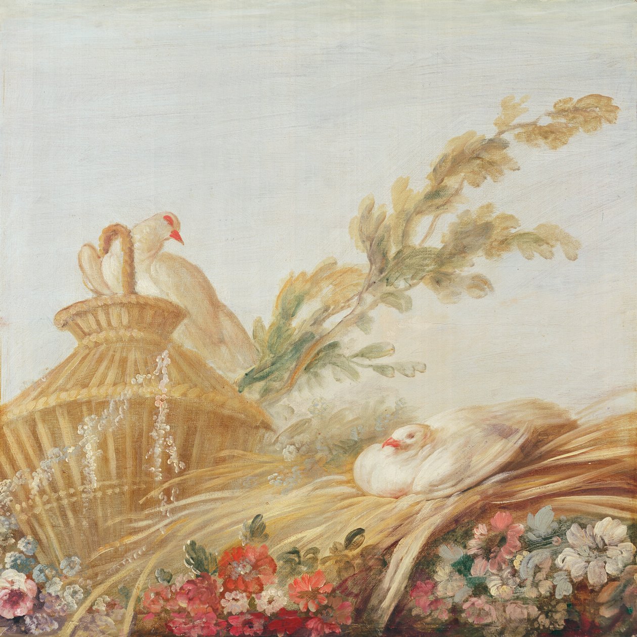 打印机制造商Gilles Demarteau的沙龙，在门上; 1750年至1865年，鸽子坐在干草中 作者 弗朗索瓦·布歇