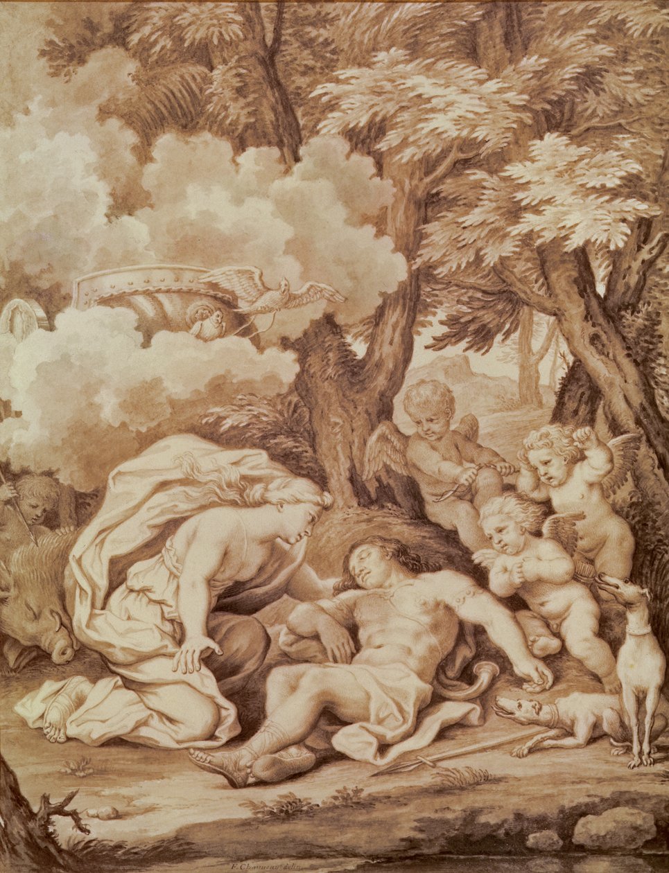 维纳斯发现阿多尼斯，来自Jean de La Fontaine的“阿多尼斯”（1621-95） 作者 弗朗索瓦·夏维