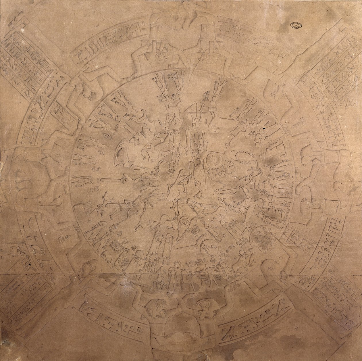 Denderah黄道带的占星术平面，从1822年埃及Denderah的Hathor神庙的教堂的天花板（笔，铅笔和纸上的wc） 作者 弗朗索瓦·克雷蒂安·高