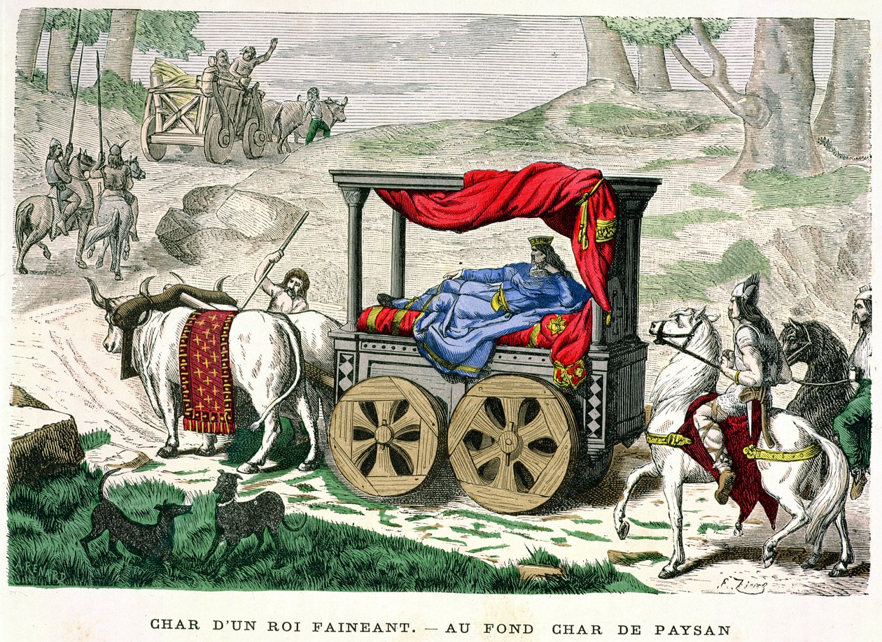 其中一个“Rois Faineants”或后来的Merovingian国王的战车，来自H. Gourdon de Genouillac的&39;Costumes de Paris a Travers les Siecles&39;的插图，由A. Renard雕刻，1879年（彩色en 作者 弗朗索瓦·爱德华·齐尔