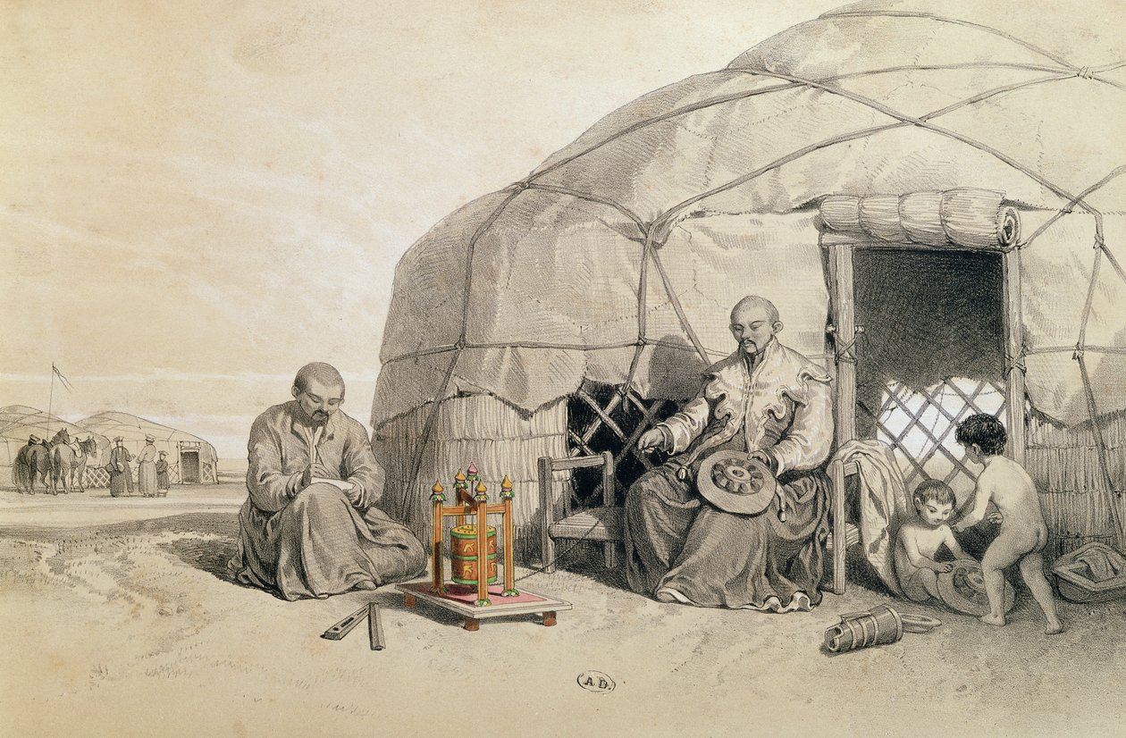 Kalmuks与祈祷轮，西伯利亚，从&39;航程到里海&39;的插图由Xavier Hommaire de Hell（1812-48）c.1850 作者 弗朗索瓦·财富For antoine Ferogio