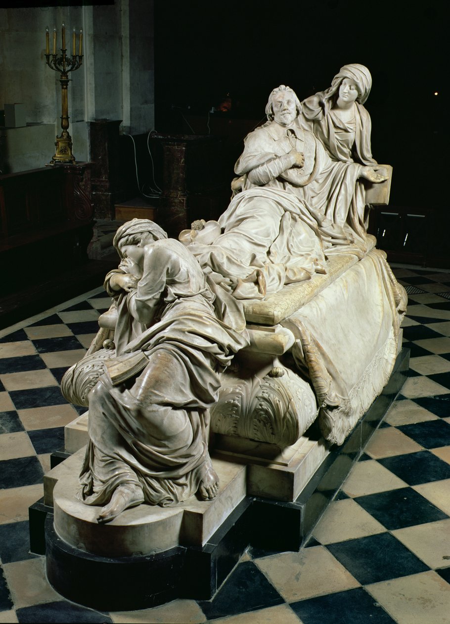 Armand-Jean du Plessis的葬礼纪念碑，红衣主教Richelieu（1585-1642）描绘了在Piety的怀抱中的主要到期，在他脚下的基督教教义的哭泣雕像，1675-94（大理石） 作者 弗朗索瓦吉拉东