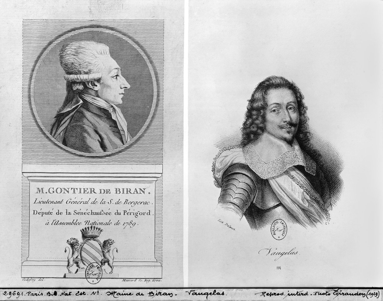 来自Biran的Marie Francois Gontier的画像，被称为Maine de Biran（1766-1824），Claude Favre de Vaugelas的画像（1585-1650），由Francois Seraphin Delpech（1778-1825）和Massard（19）雕刻（ 作者 阿德里安·皮埃尔·弗朗索瓦·戈德弗罗伊